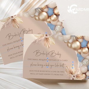 EDITIERBARE Buch Anfrage Karten Junge Blauer Ballon Bogen, Oh Baby Shower Ballons, Gold, Tan, Blau Pampas Grass Digitale Vorlage BR511