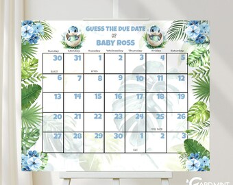 Könnte beinhalten: Ein blaues und grünes Babyparty-Spiel im tropischen Stil mit einem Kalender, um das Fälligkeitstermin von Baby Ross zu erraten. Der Kalender ist mit blauen und grünen tropischen Blättern und Blumen verziert.