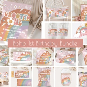 May include: A set of printable party decorations for a 1st birthday party with a groovy, boho theme. The decorations include a welcome sign, food labels, cupcake toppers, favour tags, and juice boxes. The colours are pink, orange, yellow, green, and blue.