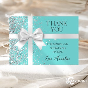 EDITABLE Blue Baby Shower Thank You Cards Paris Baby White Bow Ribbon Glittery Aqua Blue Baby and Co Digital Template TN202