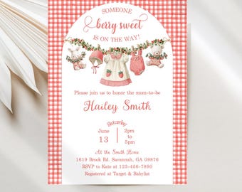 Strawberry Clothesline Baby Shower Invitations, Berry Sweet, Editable Download Template JT2118