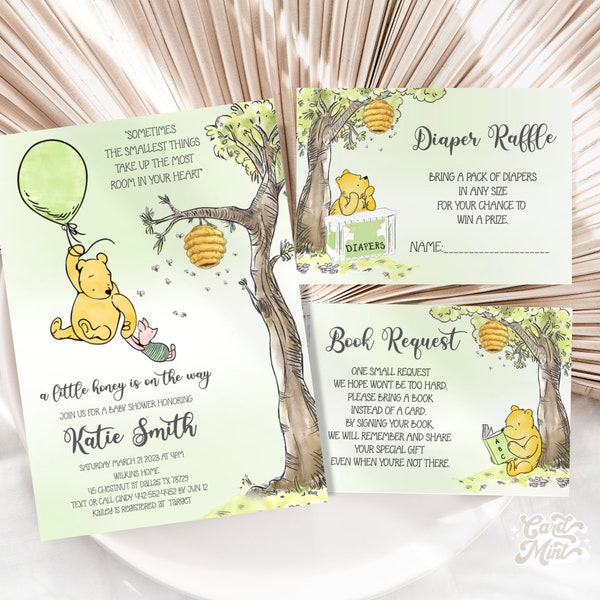 EDITABLE Baby Shower Invitation Pooh Bear Gender Neutral Yellow Green Baby Balloon Bearly wait Book Classic Winnie Diaper Invite Set JT120