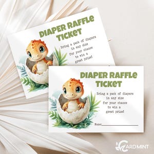 Editable Hatching Soon Dinosaur Baby Shower Diaper Raffle Tickets, Cute Dino Bring Diapers, Gender Neutral Digital Download Template DR1649