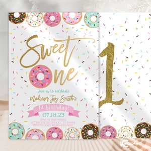 EDITABLE Donut Birthday Invitations, Pink Gold Teal Sweet One Theme, Party Girl First Birthday 1st Birthday, Digital  Download Invite JT1220