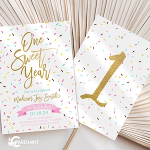 EDITABLE One Sweet Year Sprinkle Birthday Invitations, Pink Gold Teal, Baby Girl First Birthday Party, 1st Birthday, Digital Template JT1228