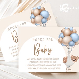 MODIFIABLES Cartes de demande de livre ours en peluche bohème cigogne, joli jeu de baby shower, apporter des livres pour bibliothèque de bébé garçon ballons bleus BR2028