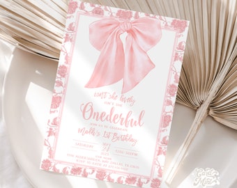 May include: Pink and white invitation with a large pink bow and the text "Isn't she lovely, Isn't she Onederful. Join us to celebrate Malli's 1st Birthday. Saturday, Sept 24, 12:00-3:00PM, 2025, Our Home, 1916 Aldersbrock Way Dallas, TX 09676, RSVP to Katie at 876.456.4400".