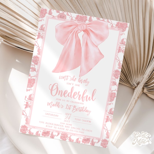 EDITABLE Bow 1st Birthday Invitations, Isn't She Onederful Pink Bow Party Girl First Birthday, Digital Download Self Edit Template JT3032