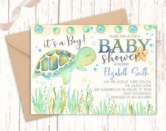 Edytowalny żółw morski pod morzem Baby Shower Invitation, akwarelowy projekt To chłopiec marynistyczny cyfrowy natychmiastowy szablon do pobrania JT1963