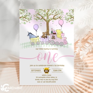 EDITABLE First Birthday Classic Pooh Bear Train Invitation, Girl 1st Birthday Invite, Winnie The Pooh Pink Birthday Digital Download JT