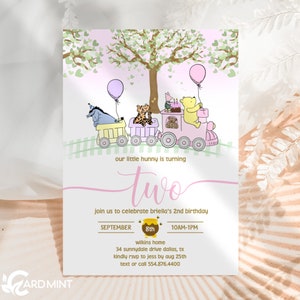 EDITABLE Second Birthday Classic Pooh Bear Train Invitation, Girl 2nd Birthday Invite, Winnie The Pooh Pink Birthday Digital Download JT