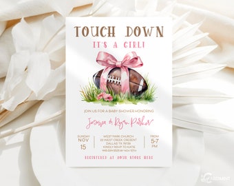 May include: A pink and brown baby shower invitation with a football decorated with a pink bow and the text "Touch Down It's a Girl!"  Join us for a baby shower honouring Jessica & Ryan Parker. Sunday, Nov 15 from 5-7 PM. West Park Church, 23 West Creek Crescent, Dallas TX 78729. Kindly RSVP to Katie 445-334-5525 by Nov 10th. Registered at your store here.