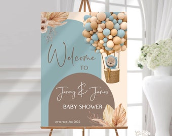 Editable Welcome Blue Bear Party Sign Sign, Hot Air Balloon Baby Shower Sign Instant Download Digital Self Edit Party Decor 4503