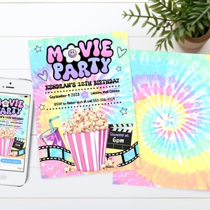 Invitaciones de películas editables Invitación de cumpleaños de niña al cine Plantilla de palomitas de maíz para fiesta de películas en el patio trasero Invitación a fiesta de películas con efecto tie-dye JT1202