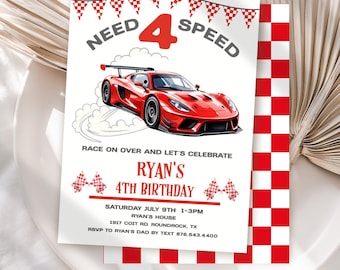 Race Car Birthday Invitations, Red Race Car, Need for Speed 4th Birthday, Race Car Party Editable Digital Template Boy Invite JT1853