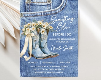 Something Blue Bridal Shower Invitations, Western Style Cowgirl Boots and Daisies JT1986