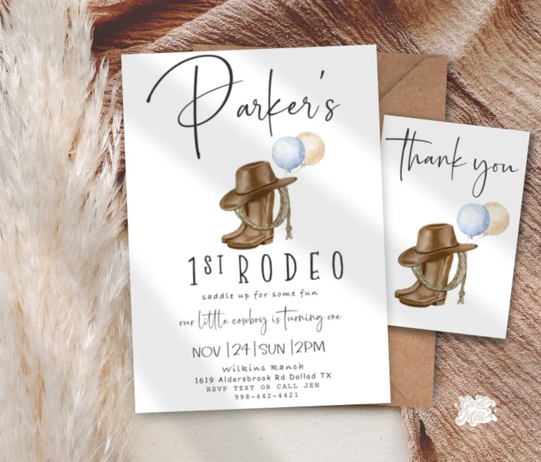 Juego de invitaciones editables para primer cumpleaños de rodeo, estilo  rústico sureño, vaquero, vaquera, primer cumpleaños, beige y azul, ..., image size:1080x923