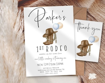 EDITABLE First Rodeo Birthday Invitation Set, Rustic Southern Country Cowboy Cowgirl First Birthday Beige and Blue Minimalist JT1931