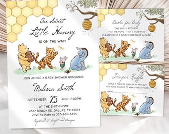 Winnie the Pooh Baby Shower Invitations Set of 3, A Little Hunny Bear is on the Way, Editable E-vite Template JT1805