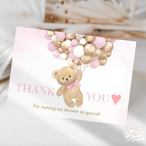 Bearbeitbare Teddybär Dankeskarten, Rosa und Goldballons Babyparty Dankeskarten Digitaler Download Vorlage TN1598