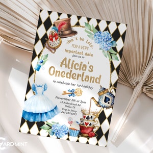 EDITABLE Alice in Wonderland Onederland Tea Party Birthday Invitations, hydrangea, Garden Red Blue One First Printable Digital Template JP59
