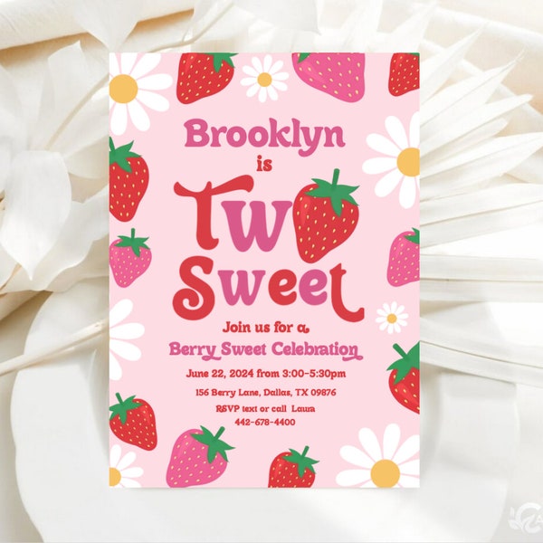 Editable Strawberry 2nd Birthday Invitations, Two Sweet Pretty Strawberry and Daisy Birthday Party Invite Digital Download Template JT1263