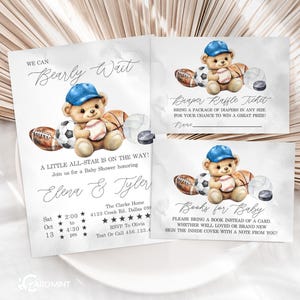 Set di inviti per baby shower modificabili "Sports Bearly Wait", invito per il portellone posteriore di un neonato All-Star, modello di download digitale istantaneo "Orsacchiotto" JT1548.
