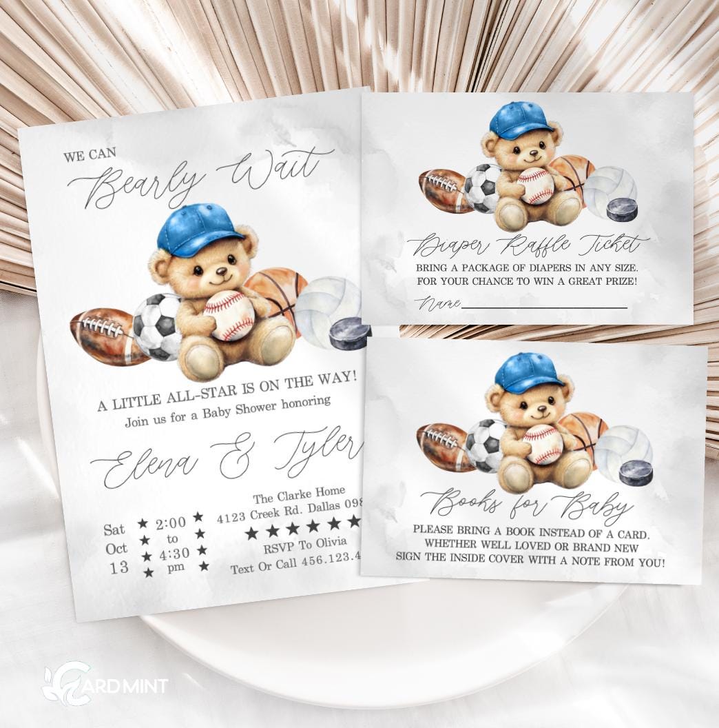 Editable Sports Bearly Wait Baby Shower Invitation Set, All-star Baby Boy  Tailgate, Teddy Bear Instant Digital Download Template JT1548 Set - Etsy, image size:1044x1056
