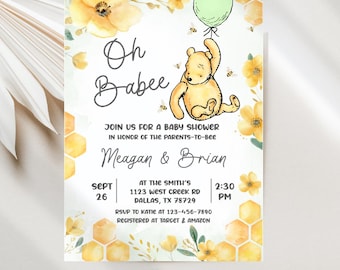 Winnie the Pooh Baby Shower Invitations, Oh Babee Green Balloon, Gender Neutral Editable Printable or E-vite Digital Template JT1997