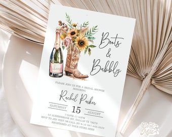 Editable Boots and Bubbly Cowboy Western Southern Charm Cowgirl Bridal Shower Invitations, Sunflowers Wedding Shower JT2085