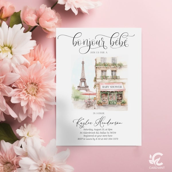 Editable Paris Baby Shower Invitation Bonjour Bebe, French Style Baby Shower Invite, Parisian Cafe Invitation Digital Template JT2053
