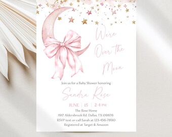 Over the Moon Baby Shower Invitations, Baby Girl Instant Download Editable Template JT1799