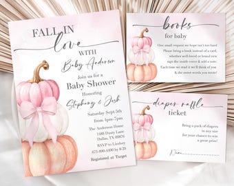 Fall In Love Invitation SET of 3, Baby Shower Pumpkin Invite, Diaper Raffle, Book Request, Editable Digital Download  JT1844