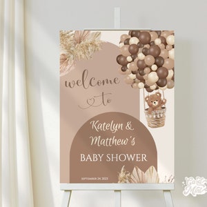 Signe de fête d&#39;ours brun de bienvenue modifiable, signe de douche de bébé de ballon à air chaud, modèle d&#39;auto-édition numérique décor de fête 18x24 signe JT80