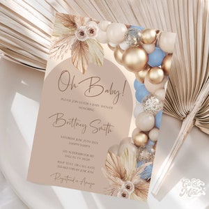 BEWERKBARE babyshower jongen blauwe ballon boog uitnodigingen, Oh babyshower ballonnen uitnodigen, goud, bruin, blauw pampagras instant sjabloon JT511