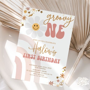EDITABLE Groovy One Birthday Party Invitation 1st Birthday Retro Invite, Daisy Flower Power Boho 70&#39;s Hippie Neutral Digital Download JT1827