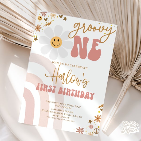 EDITIERBARE Groovy One Birthday Party Einladung 1. Geburtstag Retro Invite, Daisy Flower Power Boho 70er Hippie Neutral Digital Download JT1827