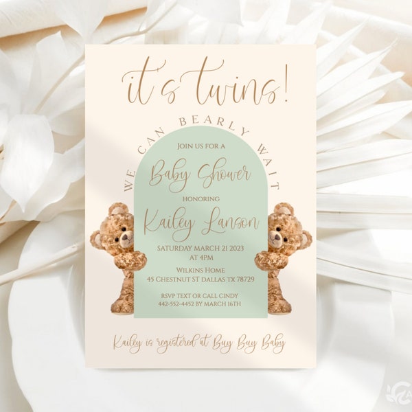 Editable Twins Boho Teddy Bear Arch Invitations, Cute Baby Shower Invite, Sage Green Gender Neutral Invites Digital JT107