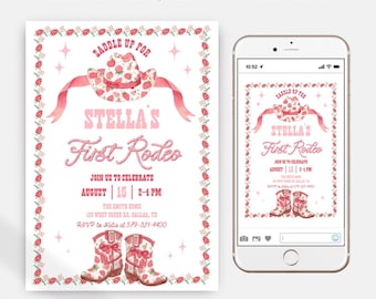 Strawberry 1st Rodeo Cowgirl Birthday Invitations, Western Rodeo Editable Download Template JT1982