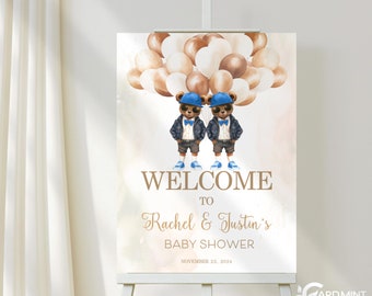 REDIGERBAR Välkomstskylt med tvillingbjörnar, coola nallebjörnar och ballong, entréskylt, digital mall för babyshower för pojkar, vintage 50-talsbjörnar SN122