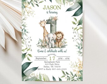 Jungle 1st Birthday Invitations, Wild Safari Boy Digital Download Template JT2152