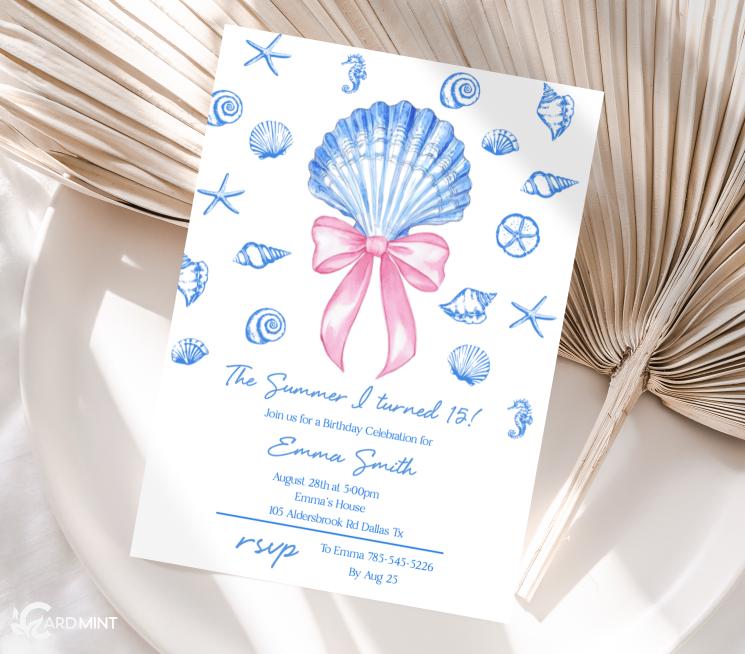 Sea Shell Birthday Invitations Pink Bow Nautical Coquette Design Ocean ...