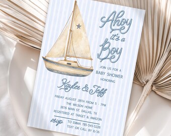 Ahoy it's a Boy Baby Shower Invitations, Ship Design Editable Digital Template JT2170