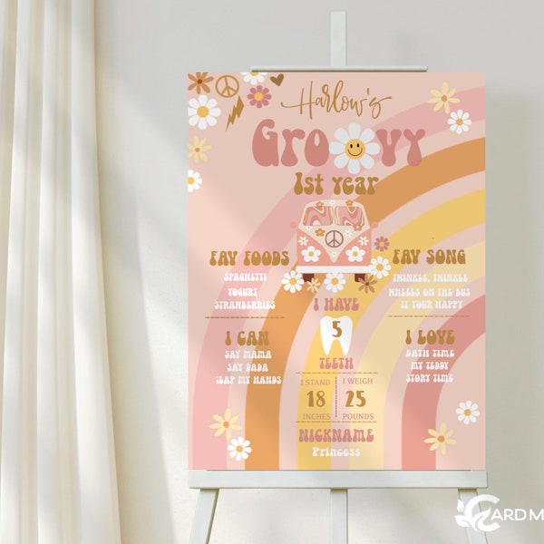 Editable Groovy Milestone Chart, 1st Year Birthday Growth Stats Sign Retro Poster, Daisy Smiley Face Boho 70's Hippie Van 242