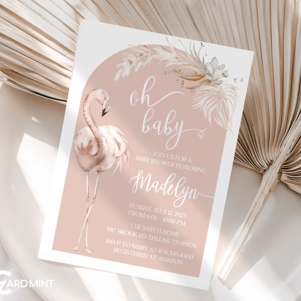 EDITABLE Oh Baby Flamingo Baby Shower Invitation, Arch, Pampas Grass, Boho Watercolor Floral Invite Digital Download Template JT4009