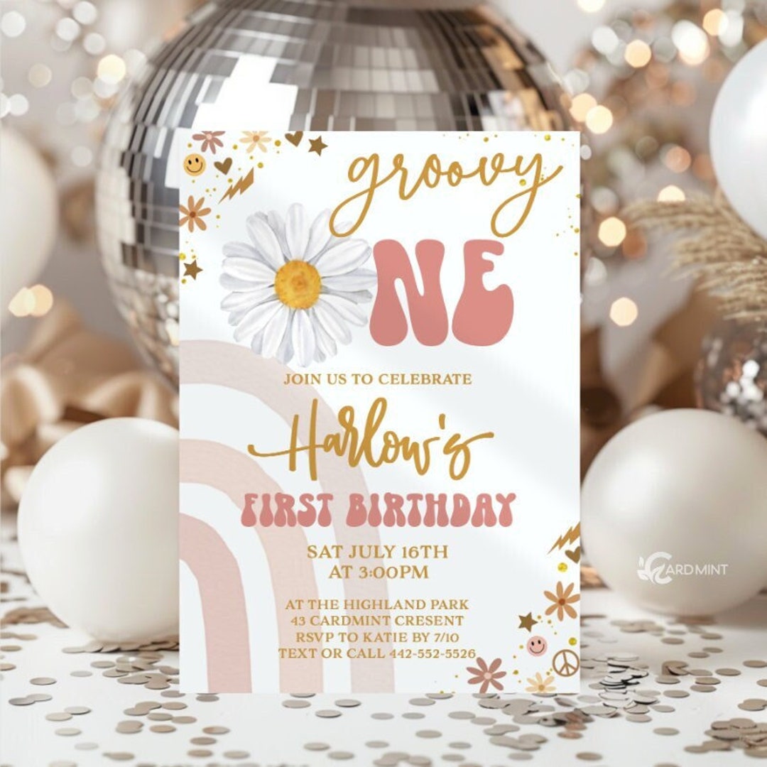 Editable Groovy One Birthday Party Invitation 1st Birthday Retro Invite ...
