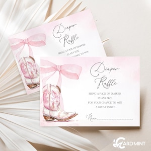 Bearbeitbare rosa Schleife und Cowgirl-Stiefel-Windel-Verlosung Tickets für Babyparty, Party-Verlosungsspiel Digitaler Download Vorlage DR1466