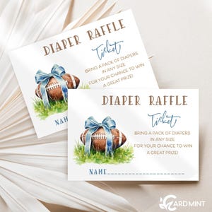 Boletos de rifa de pañales para baby shower con lazo azul de fútbol editables, plantilla digital de autoedición con lazo azul e imagen de acuarela de fútbol TN1154