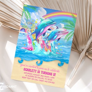 Invitation de fête d'anniversaire modifiable avec les dauphins arc-en-ciel au bord de la mer jolie fille inviter Evite, modèle numérique JT1272 de bulles des années 90 Lisa Splash