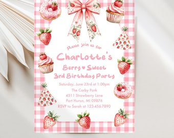 Strawberry Birthday Invitations, Our Berry Sweet Birthday Girl Invite Digital Template Download JT2124